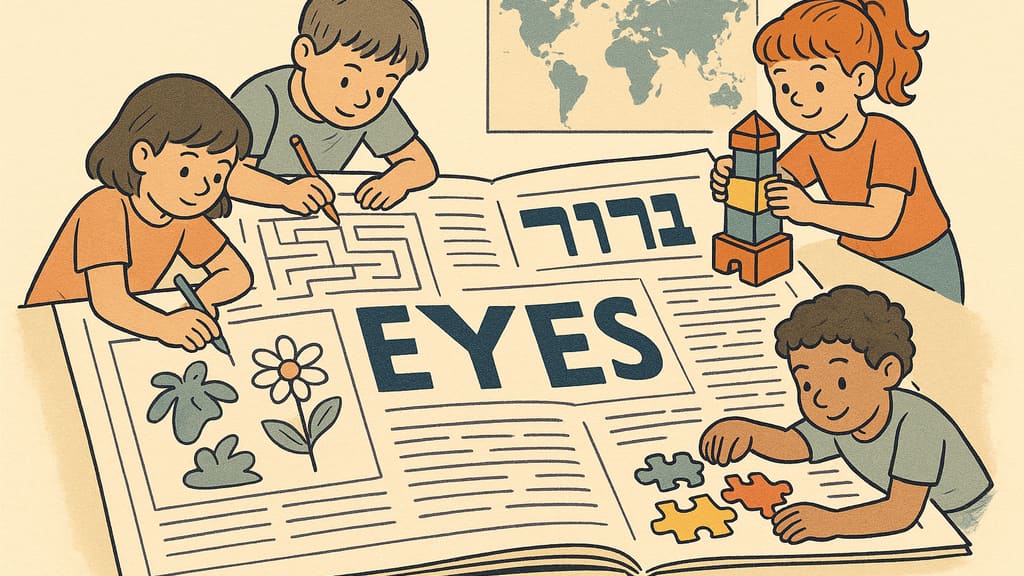 קבוצת ילדים יושבים סביב שולחן עם מגזינים וחומרים יצירתיים